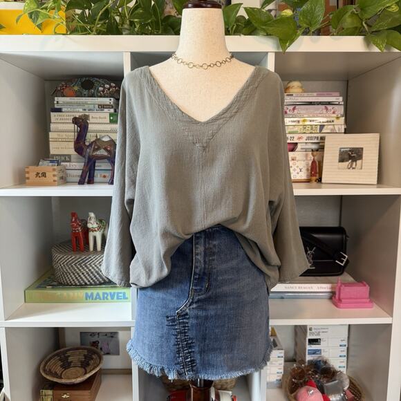 Vintage Oh My Gauze V-neck Linen Gauzy Boho Lagen Look Blouse Top Gray Wms 2 - Picture 1 of 10
